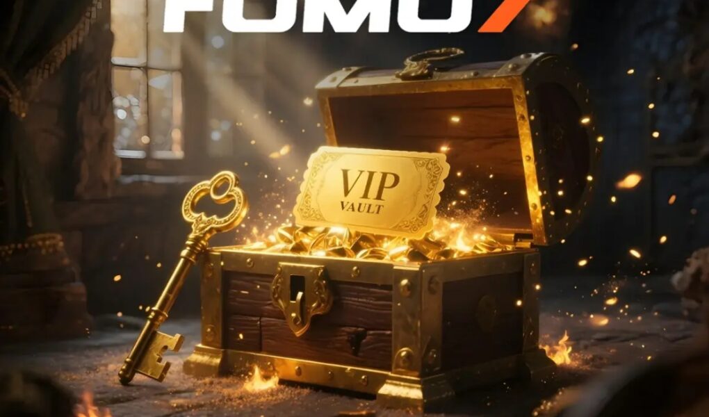 Golden treasure chest labeled VIP Vault overflowing with gold coins and a key, with FOMO7 logo above in a mystical vault setting