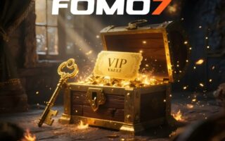 Golden treasure chest labeled VIP Vault overflowing with gold coins and a key, with FOMO7 logo above in a mystical vault setting