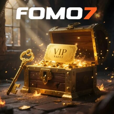 Golden treasure chest labeled VIP Vault overflowing with gold coins and a key, with FOMO7 logo above in a mystical vault setting
