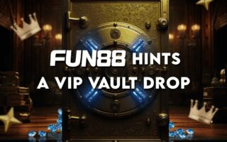 FUN88 teases VIP Vault Drop promotion with a glowing secure vault door surrounded by crowns, gold bars, and scattered blue gems.