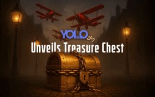 Mysterious golden chest with lock and chain under misty light, red planes above, YOLO247 logo teasing a big surprise