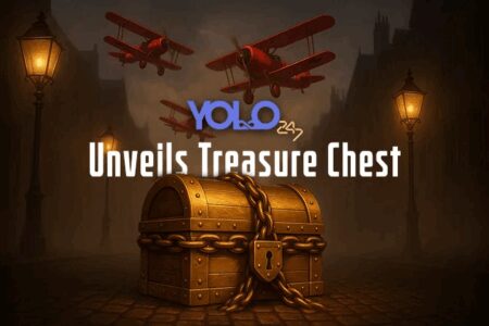 Mysterious golden chest with lock and chain under misty light, red planes above, YOLO247 logo teasing a big surprise