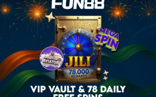 Fun88 VIP Vault with JILI Slot Spins, Operation Aviator, and 78,000 rewards against a festive Indian Independence Day theme
