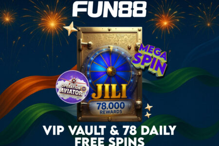 Fun88 VIP Vault with JILI Slot Spins, Operation Aviator, and 78,000 rewards against a festive Indian Independence Day theme